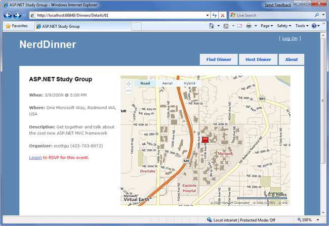 Screenshot of the Nerd Dinner web page with details about the A S P dot NET Study Group dinner.