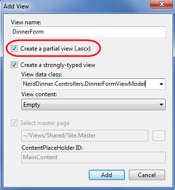 Screenshot of the Add View dialog. Create a partial view is selected and highlighted.