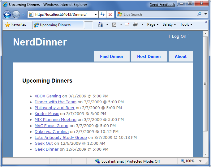 Screenshot of the Nerd Dinner Upcoming Dinners list page.