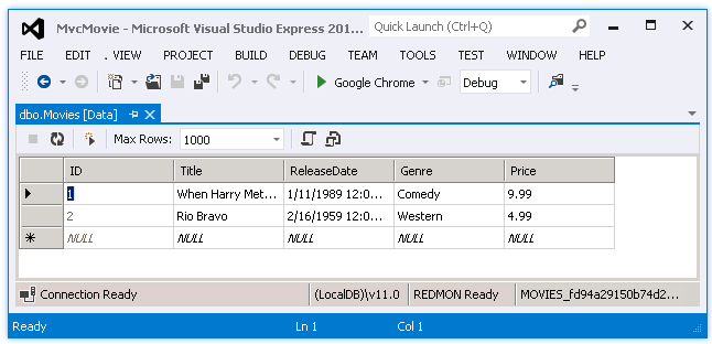 Screenshot that shows the d b o dot Movies Data tab.