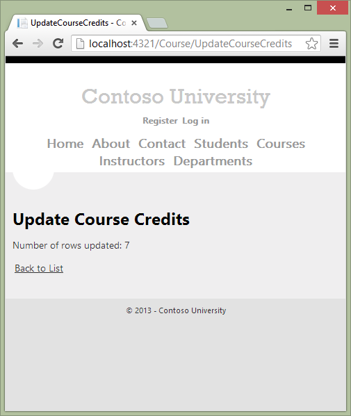 Screenshot that shows the Contoso University Update Course Credits rows affected page.