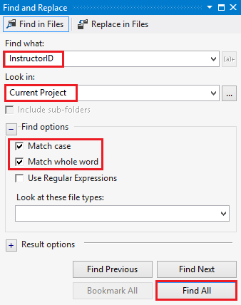 Screenshot that shows the Find and Replace window. Instructor I D, Current Project, Match case and Match whole word checkboxes, and Find All button are all highlighted.