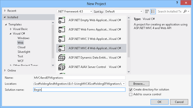 New ASP.NET MVC 4 Project Dialog Box