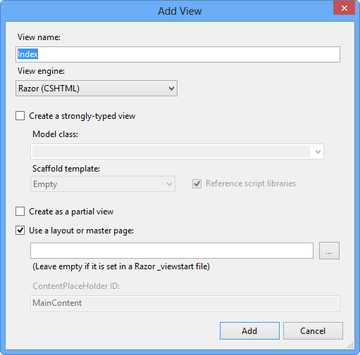 Add View Dialog screenshot. This shows a dialog box with specific options for adding a view template.