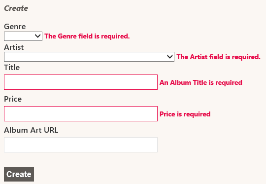 Validated fields in the Create page