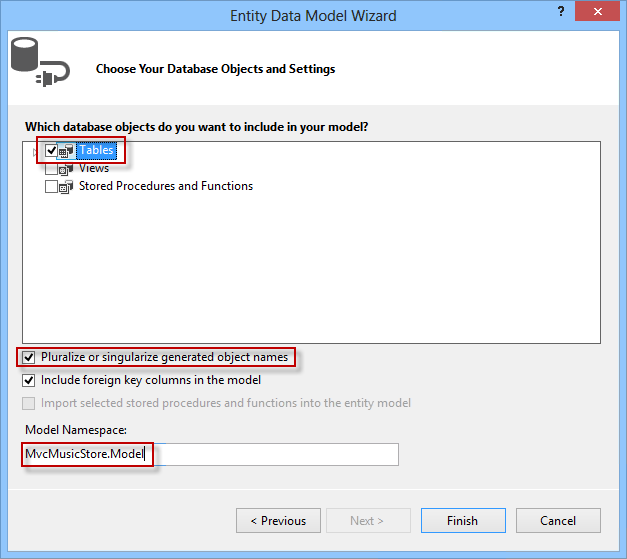 Choosing the database objects