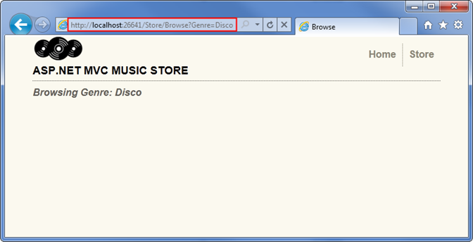 Screenshot of the browser's home page window, displaying the 'browsing genre: disco' message under the logo image.