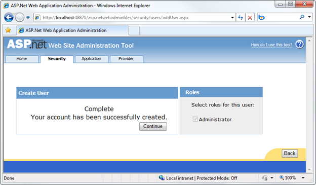 Captura de pantalla del sitio web de configuración que muestra un mensaje que indica que la creación de la cuenta de usuario se completó correctamente.