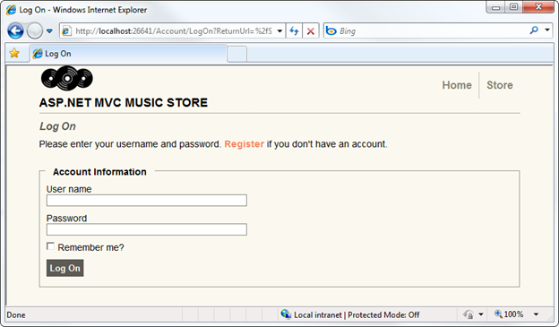 Captura de pantalla de la página web de la tienda de música que muestra el cuadro de diálogo iniciar sesión con campos de texto de nombre de usuario y contraseña.