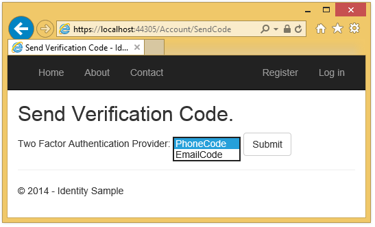 Screenshot that shows the A S P dot NET app Send Verification Code page. A dropdown menu showing Phone Code and Email Code is selected.