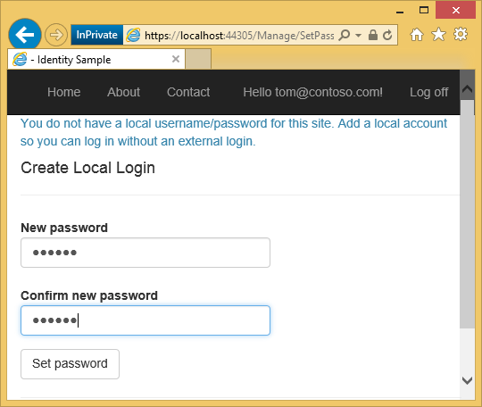 Screenshot that shows the My A S P dot Net Create Local Login page. A sample password is entered in the New password and Confirm new password text fields.