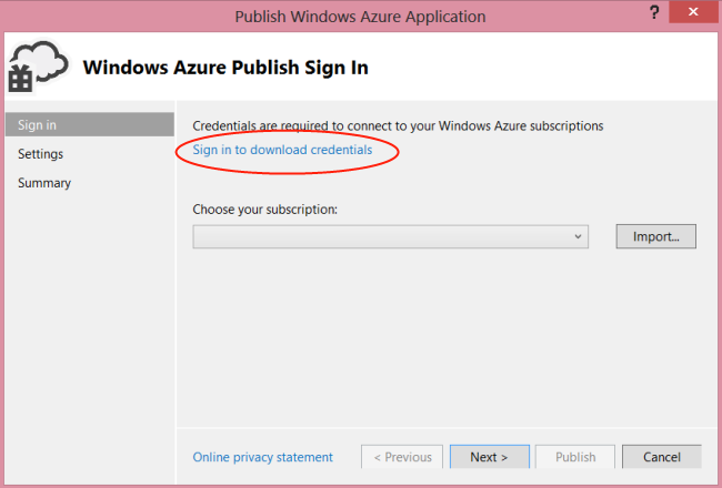 Screenshot of the Publish Windows Azure Application screen's Sign In tab with the Sign in to download credentials link being highlighted.