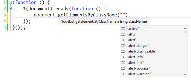Showing IntelliSense for the getElementsByClassName function