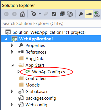Screenshot of Solution Explorer dialog, with Web A P I Config dot c s outlined in red, inside App Start folder.