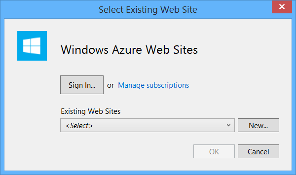 Screenshot of the Existing Websites dialog showing the Existing Web Sites dropdown list and the New button.