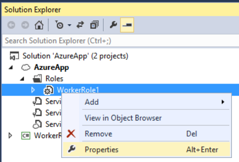 Screenshot of the solution explorer window menu, highlighting the steps to select the worker role's property settings.