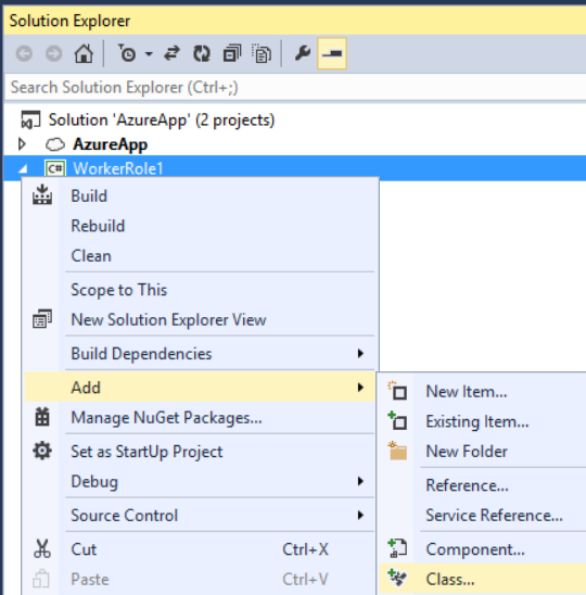 Screenshot of the solution explorer window, showing the menu options and highlighting the path to adding a class.