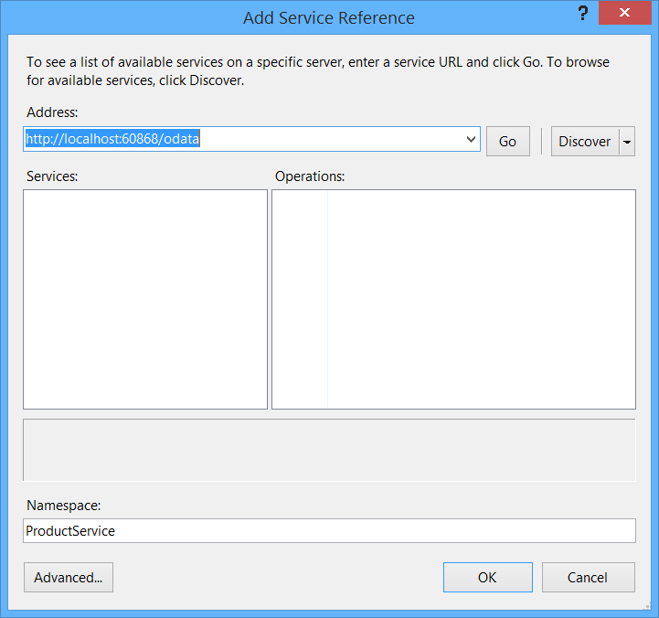 Screenshot of the 'add service reference' window, which shows the port number in the U R L address field and a field to add a Name space.