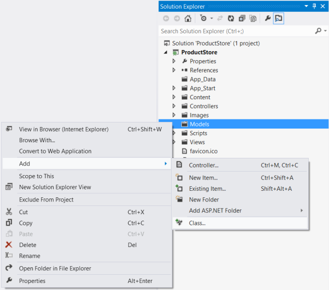 Screenshot of the solution explorer menu, highlighting the selection for models to show an additional menu to select the add class option.