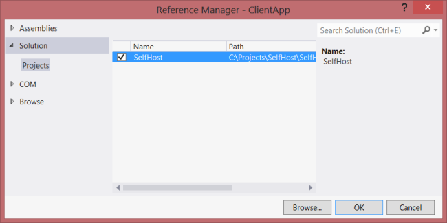 Screenshot of the Reference Manager dialog box showing the Self Host project, which is highlighted with a blue box.