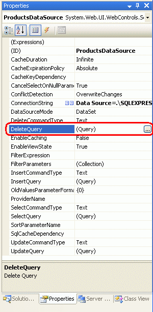 Screenshot showing the ProductsDataSource Properties window with the DeleteQuery property selected.