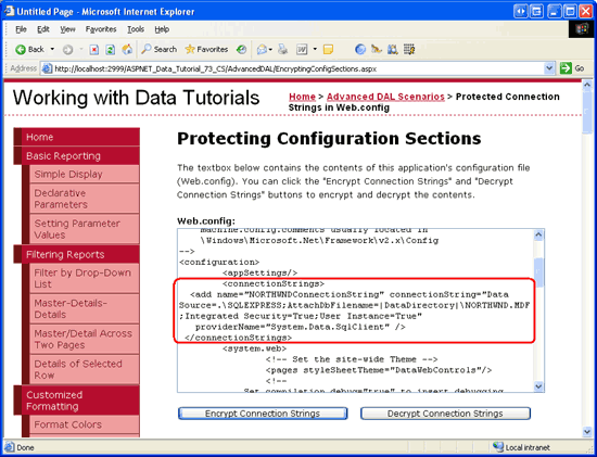 Captura de pantalla que muestra la página EncryptingConfigSections.aspx cargada en un explorador web.