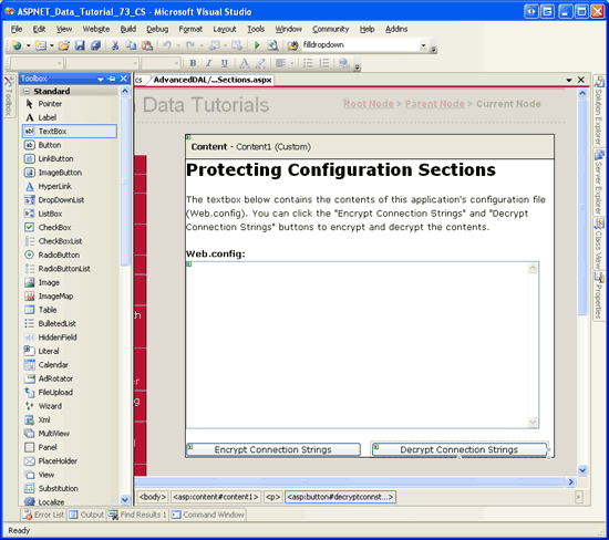 Screenshot showing Visual Studio opened to the EncryptingConfigSections.aspx page, which has a new TextBox and two Button controls.