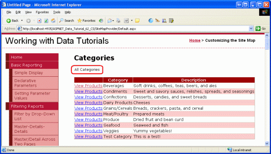 Screenshot showing how the breadcrumb displays the custom site map provider.