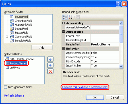 Convert Each of the DetailsView's and GridView's BoundFields Into TemplateFields