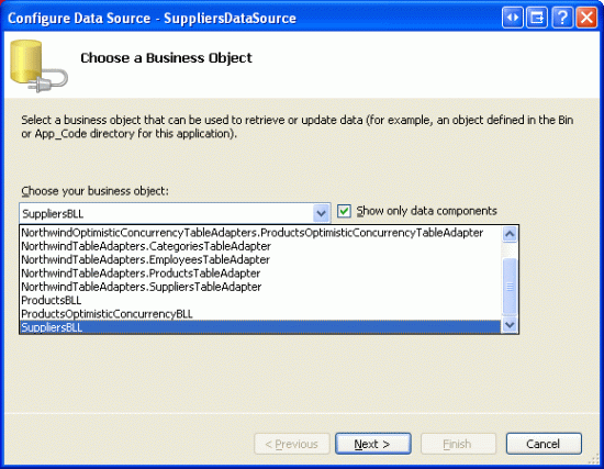Screenshot of the Configure Data Source - SuppliersDataSource window with the business object SuppliersBLL selected and the Next button highlighted.