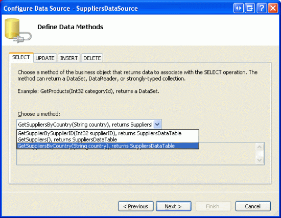 Screenshot of the Configure Data Source - SuppliersDataSource window with the SELECT tab open. The method option GetSupplierByCountry is selected and the Next button is highlighted.