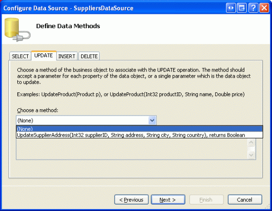 Screenshot of the Configure Data Source - SuppliersDataSource window with the UPDATE tab open. The method option (None) is selected and the Next button is highlighted.