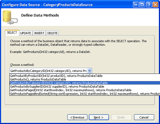 Configure the ObjectDataSource to Use ProductsBLL Class s GetProductsByCategoryID(categoryID) Method