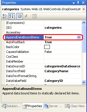 Establecer la propiedad AppendDataBoundItems en True