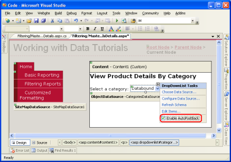 Habilitar AutoPostBack para las categorías DropDownList