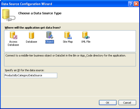 Crear un nuevo objeto DataSource denominado ProductsByCategoryDataSource