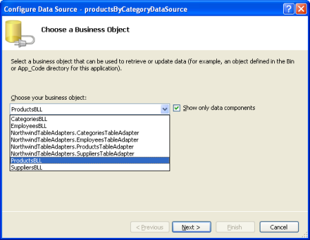 Captura de pantalla de la ventana Configurar origen de datos: productsByCategoryDataSource con ProductsBLL seleccionado y el botón Siguiente resaltado.