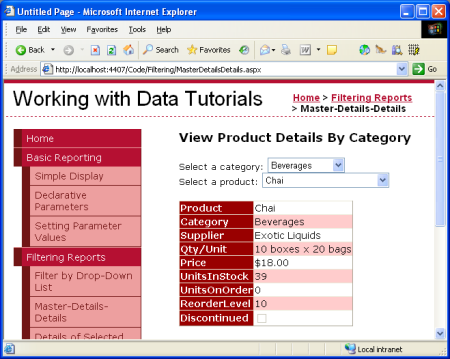 Los detalles del producto seleccionado se muestran en un DetailsView