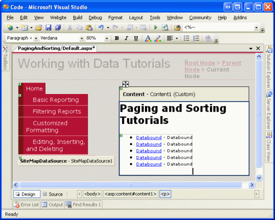 Agregue el control de usuario SectionLevelTutorialListing.ascx a Default.aspx