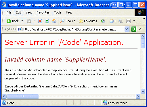 Attempting to Sort the Results by the Supplier Results in the Following Runtime Exception