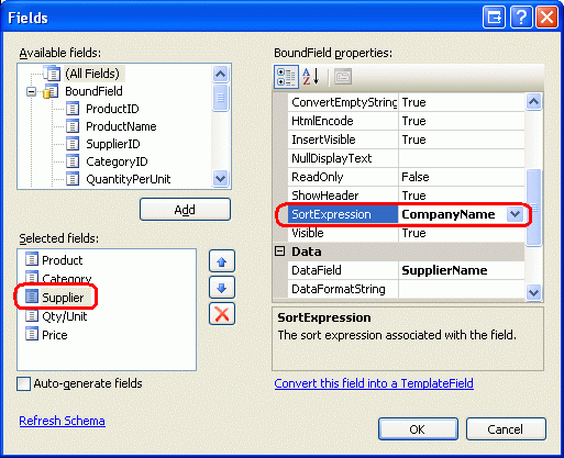Change the SupplierName BoundField s SortExpression to CompanyName