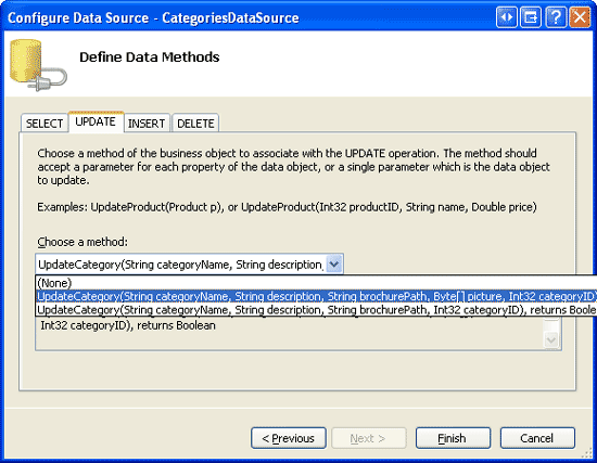 Configure the ObjectDataSource to Use the UpdateCategory Method that Includes a Parameter for Picture