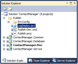 In the Contact Manager example, because you want to use the Windows PowerShell script as part of the deployment process, it makes sense to add the script to the Publish solution folder.