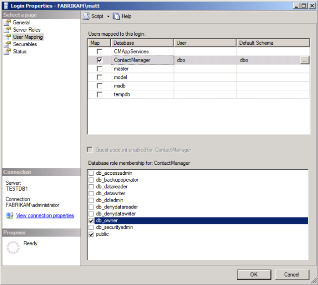In the Database role membership for: [database name] list, select the db_owner role.