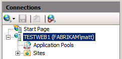 In IIS Manager, in the Connections pane, expand the server node (for example, TESTWEB1).