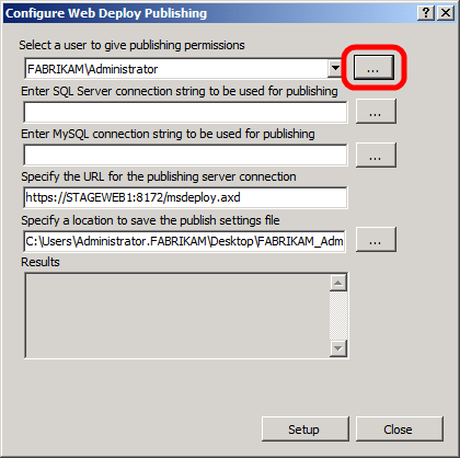 In the Configure Web Deploy Publishing dialog box, to the right of the Select a user to give publishing permissions list, click the ellipsis button.