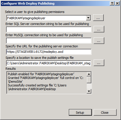 In the Configure Web Deploy Publishing dialog box, click Setup.