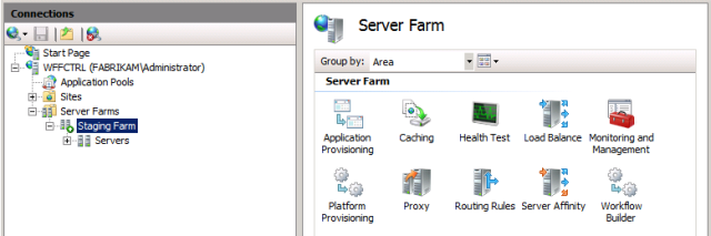 When the installation is complete, launch IIS Manager, and in the Connections pane, click your server farm node. Notice that several new icons have been added to the Server Farm pane.