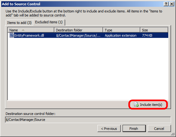 On the Excluded items tab, select any required items that have been automatically excluded (for example, assemblies), and then click Include item(s).