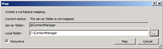 In the Map dialog box, in the Local folder box, browse to (or create) a local folder to act as the root folder for the team project, and then click Map.